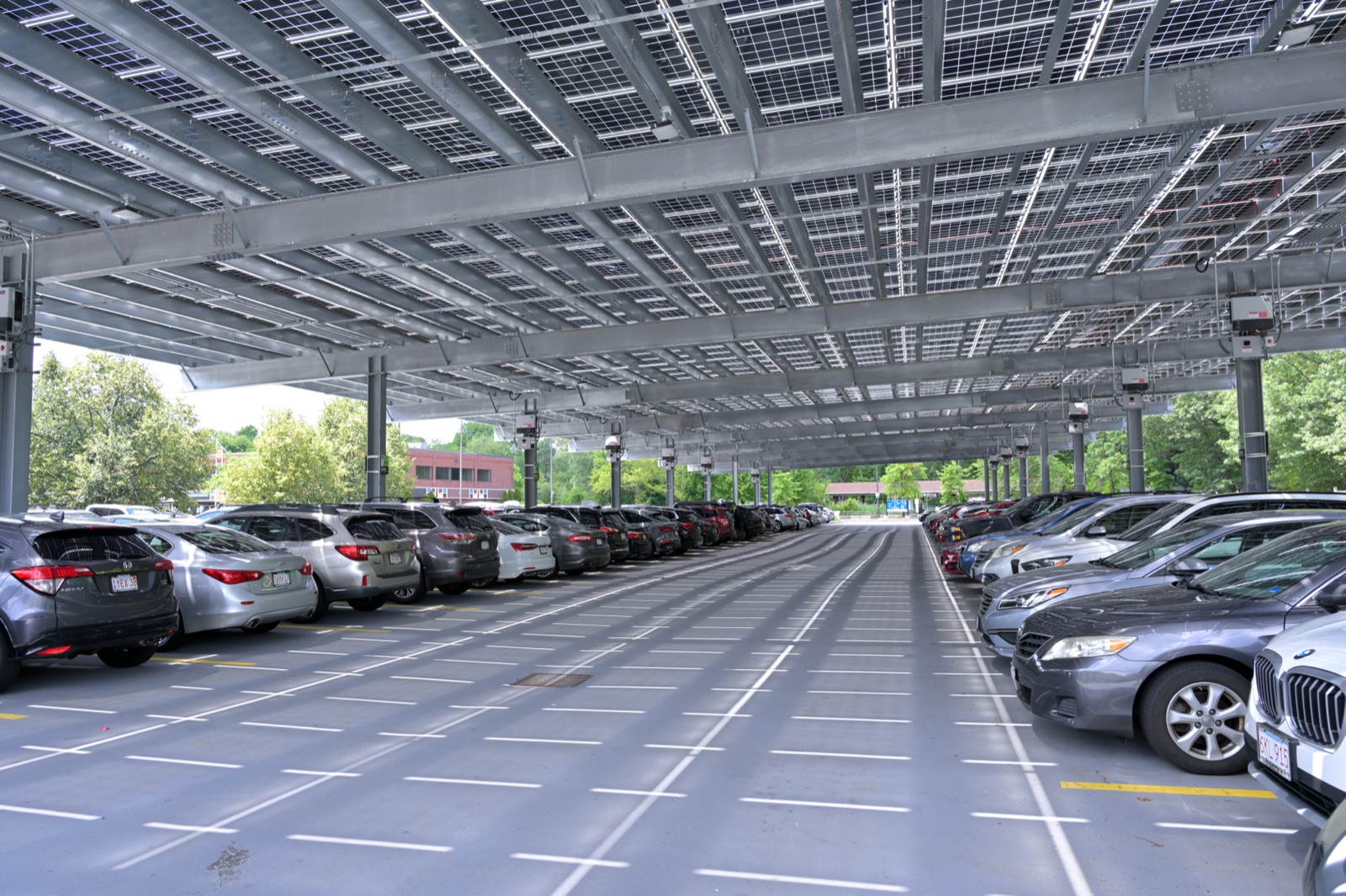 Solar canopy over the parking lot at West Natick station, 2025